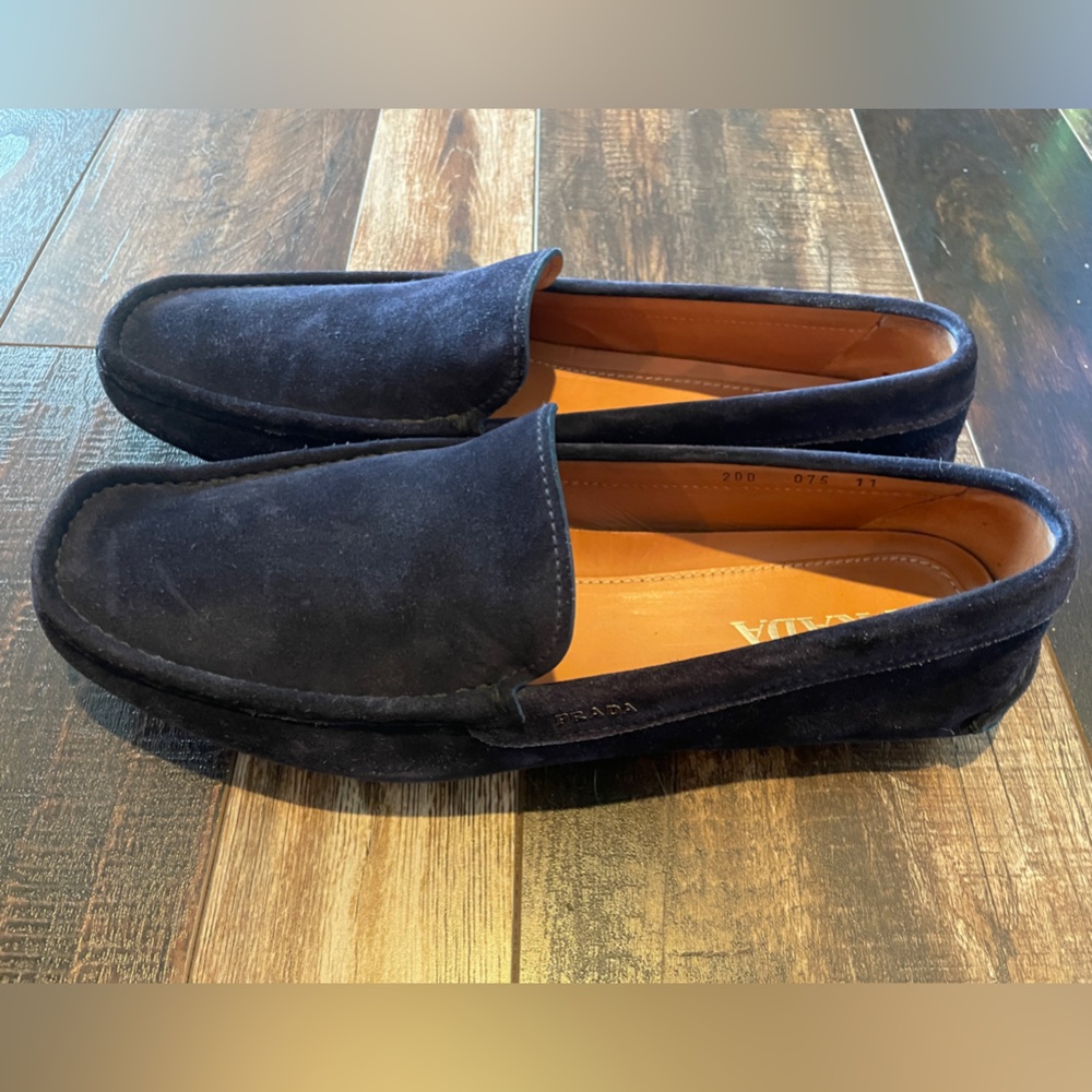 Prada Men's Navy Blue Suede Leather Loafers - size 11 - Picture 3 of 13